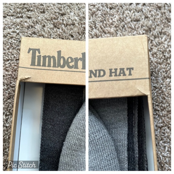 Timberland Men’s Grey Heather Hat and Scarf Set Logo Knit Jacquard NEW IN BOX - Picture 9 of 13